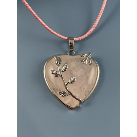 Pendentif coeur et roses Quartz rose
