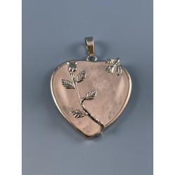 Pendentif coeur et roses Quartz rose