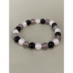 Bracelet en agate blanche, grise mate et noire, en perles 8 mm.