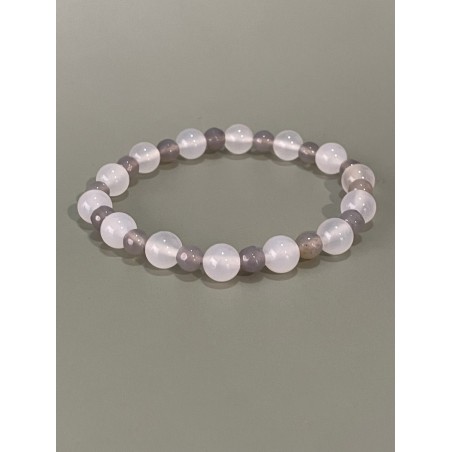 Bracelet agate blanche et grise, perles blanches 8 mm et grises 6 mm.