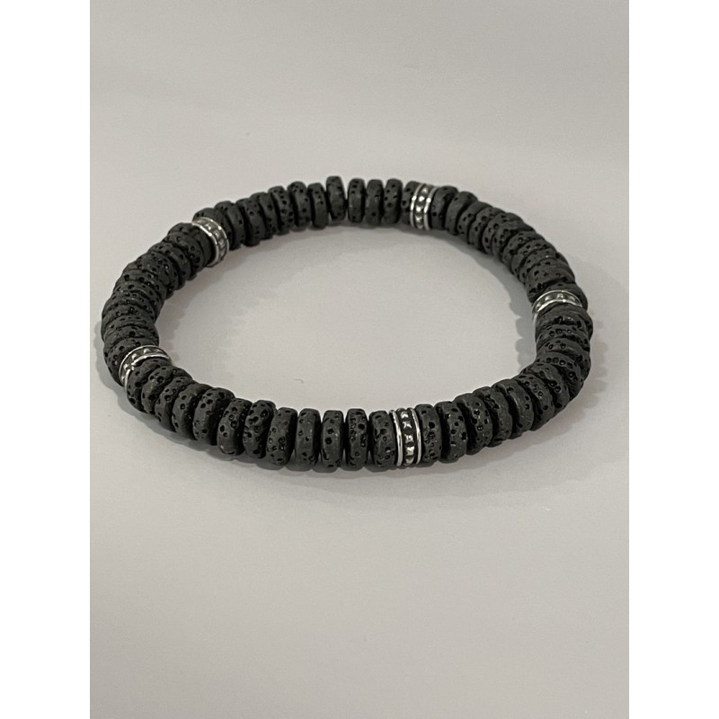 Bracelet lave rondelles et acier 21 cm