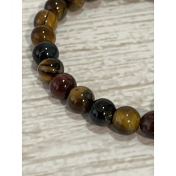 Bracelets trois couleurs : œil de tigre + œil de taureau + œil de faucon, perles 6 mm, taille enfant.