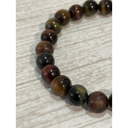 Bracelets trois couleurs : œil de tigre + œil de taureau + œil de faucon, perles 8 mm.