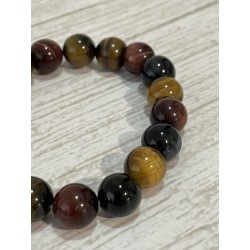 Bracelets trois couleurs : œil de tigre + œil de taureau + œil de faucon, perles 10 mm.