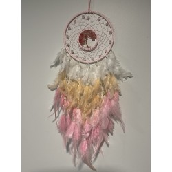 Attrape-rêves tons pastels, roses, saumon et blanc, avec arbre de vie en quartz fraise ref 0015