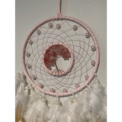Attrape-rêves pastel avec arbre de vie en quartz fraise et perles nacrées.