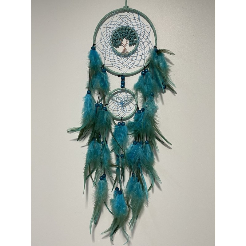 Attrape-rêves bleu lagon et vert avec arbre de vie en howlite teintée.
