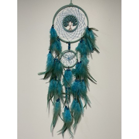Attrape-rêves bleu lagon et vert avec arbre de vie en howlite teintée.