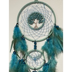Attrape-rêves bleu lagon et vert avec arbre de vie en howlite teintée.