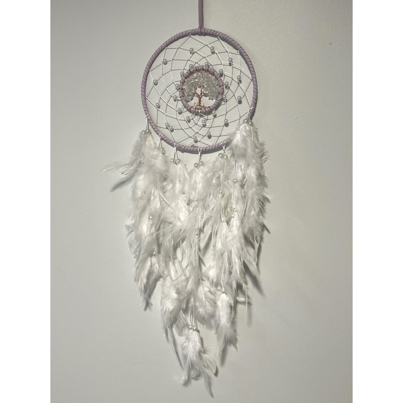 COLLECTION DOUCEUR :

Attrape-rêves blanc avec arbre de vie en cristal de roche