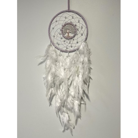 COLLECTION DOUCEUR :

Attrape-rêves blanc avec arbre de vie en cristal de roche
