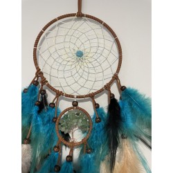 Attrape-rêves Terra – Bois, plumes naturelles & arbre de vie en aventurine zoomé.