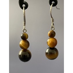 Boucles d’oreilles œil de tigre naturel – 3 perles 8/6/4 mm en cascade compacte sur argent 925.