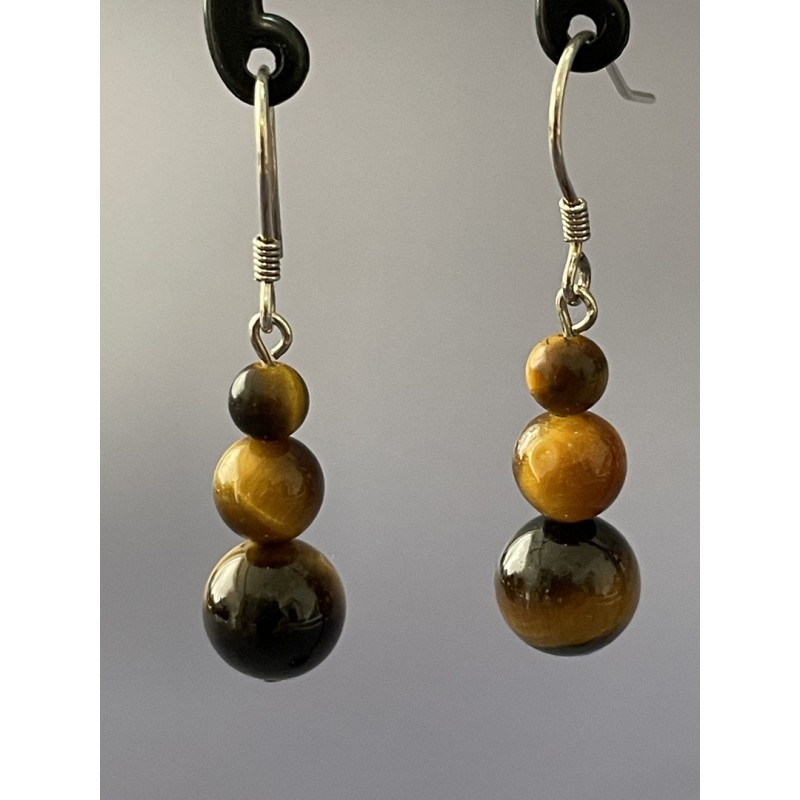 Boucles d’oreilles œil de tigre naturel – 3 perles 8/6/4 mm en cascade compacte sur argent 925.