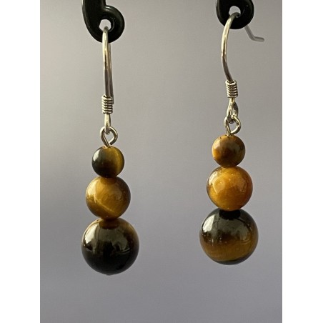 Boucles d’oreilles œil de tigre naturel – 3 perles 8/6/4 mm en cascade compacte sur argent 925.