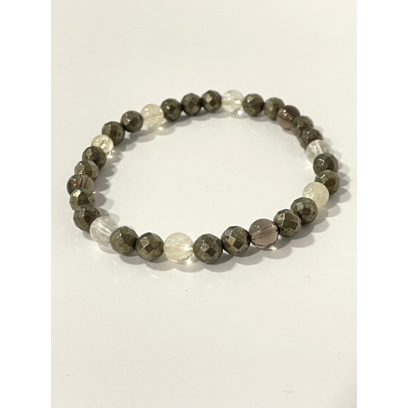 Bracelet Le Trésor des Mers en citrine, pyrite facettée et quartz fumé – pierres naturelles 6 mm.