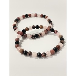 La Lune Rose – Bracelet en rhodonite, quartz rose et obsidienne noire, pierres naturelles 6 mm.