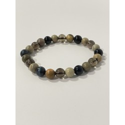 Jaspe argenté, quartz fumé et œil de faucon composant le bracelet L’Instinct du Sanglier.