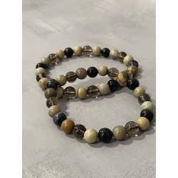 L’Instinct du Sanglier – Bracelet en jaspe argenté, quartz fumé et œil de faucon, pierres naturelles 8 mm.