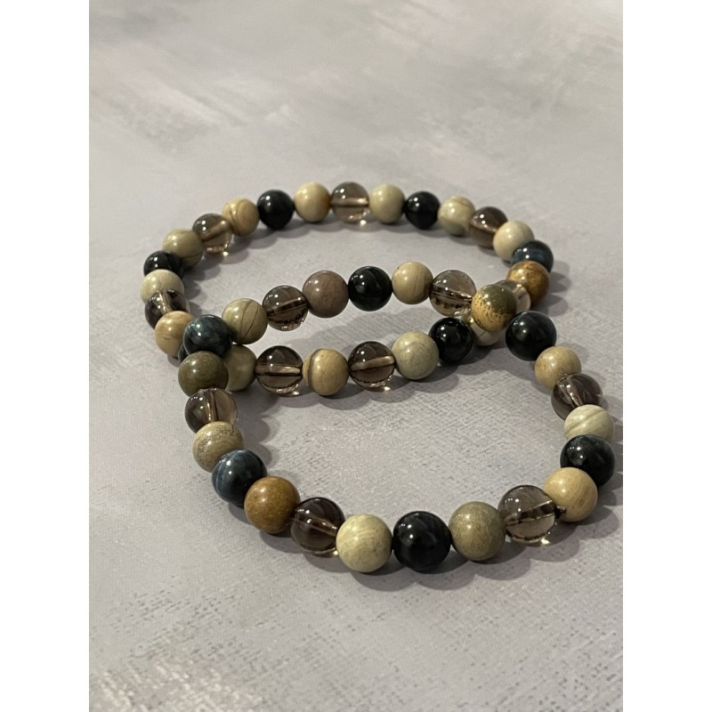 L’Instinct du Sanglier – Bracelet en jaspe argenté, quartz fumé et œil de faucon, pierres naturelles 8 mm.