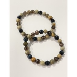 L’Instinct du Sanglier – Bracelet en jaspe argenté, quartz fumé et œil de faucon, existe en 19 cm ou 21 cm de longueur.