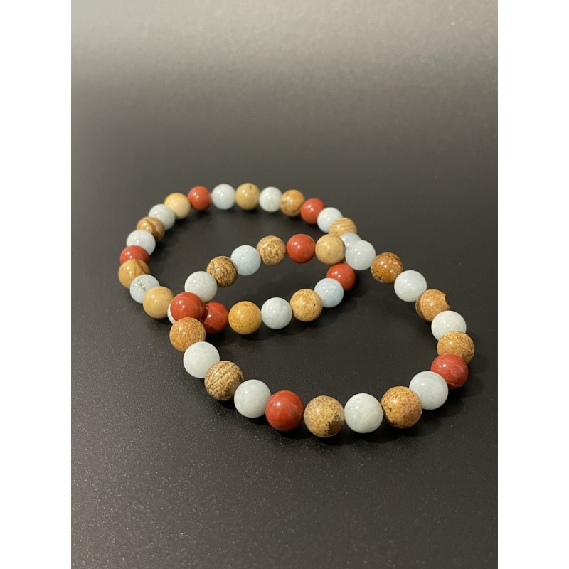 Le Capitaine Libre – Bracelet en aigue-marine, jaspe rouge et jaspe paysage. Existe en 19 cm ou 21 cm de longueur.