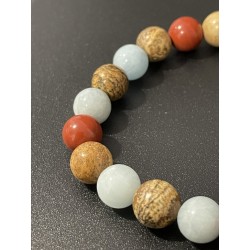Zoom sur les perles en aigue-marine, jaspe rouge et jaspe paysage du bracelet Le Capitaine Libre.