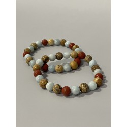 Le Capitaine Libre – Bracelet en aigue-marine, jaspe rouge et jaspe paysage. Existe en 19 cm ou 21 cm de longueur.