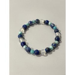 La Lame de l’Eau – Bracelet en lapis-lazuli, hémimorphite et agate blanche, avec intercalaires en acier inoxydable.