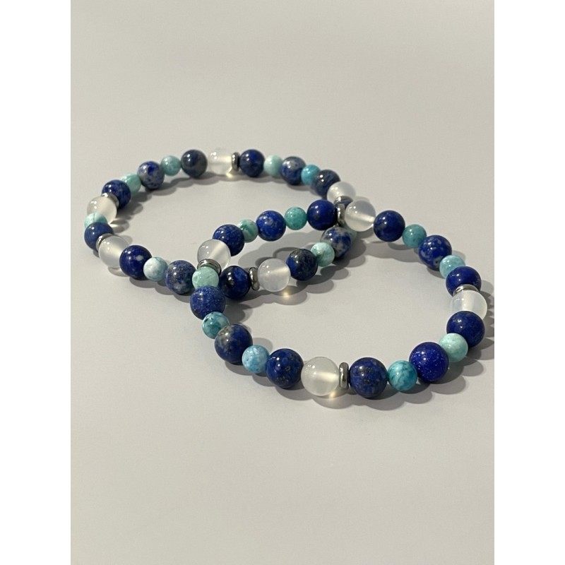 La Lame de l’Eau – Bracelet en lapis-lazuli, hémimorphite et agate blanche - Existe en 19 cm ou 21 cm de longueur.