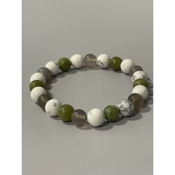 La Lame du Vent – Bracelet en howlite, agate grise et jade néphrite, pierres naturelles 8 mm.