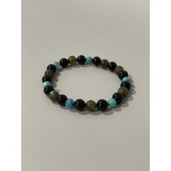 L’Œil du Copieur – Bracelet en hémimorphite, tourmaline noire et labradorite kaki, aux nuances de turquoise, noir et kaki.