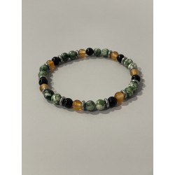 Le Fruit de l’Effort – Bracelet en agate arbre, onyx et cornaline, avec rondelles en acier inoxydable.