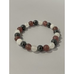Bracelet La Chevalière Écarlate en jade blanc, hématite et quartz fraise – pierres naturelles 8 mm.