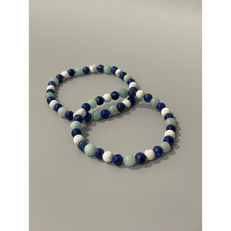 Bracelet Le Dragon des Cieux en lapis-lazuli, amazonite et magnésite – existe en 19 cm et 21 cm de longueur.