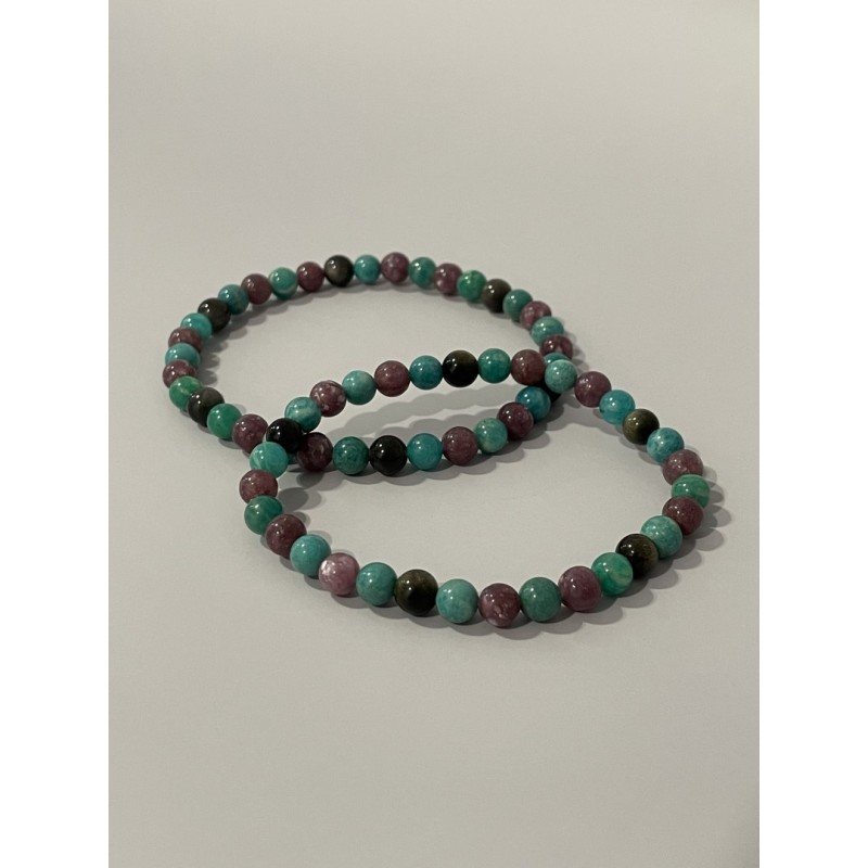 Bracelet L'Apothicaire Impériale en amazonite, lépidolite et obsidienne argentée – existe en 19 cm et 21 cm de longueur.