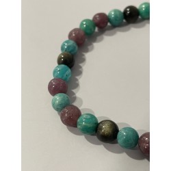 Détail des perles en amazonite, lépidolite et obsidienne argentée du bracelet L'Apothicaire Impériale.