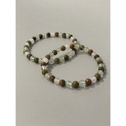 Bracelet Le Jardin des Remèdes en unakite, préhnite et jade blanc – existe en 19 cm et 21 cm de longueur.