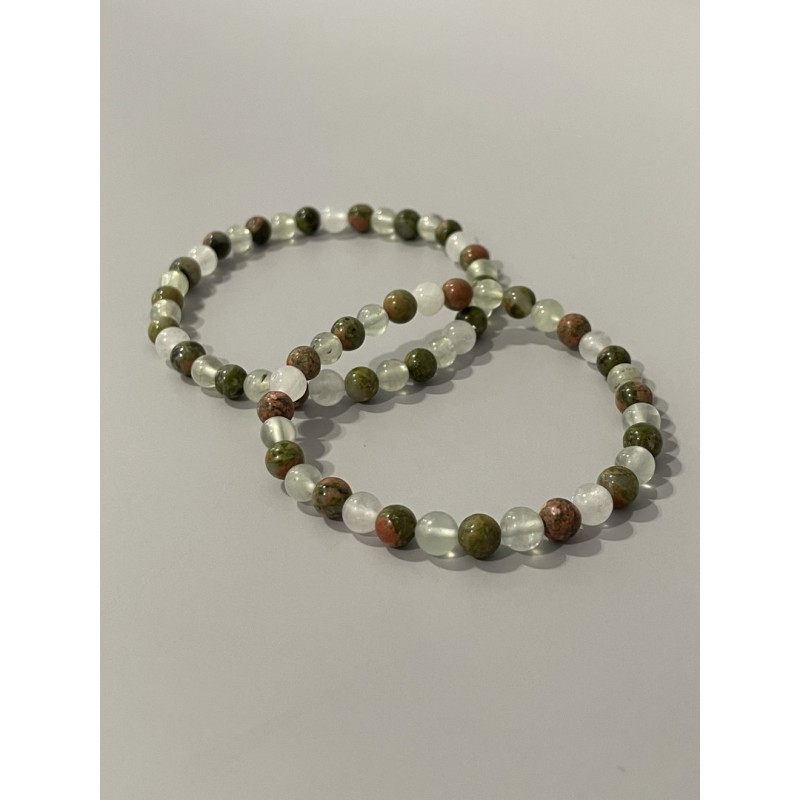 Bracelet Le Jardin des Remèdes en unakite, préhnite et jade blanc – existe en 19 cm et 21 cm de longueur.