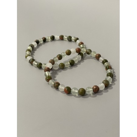 Bracelet Le Jardin des Remèdes en unakite, préhnite et jade blanc – existe en 19 cm et 21 cm de longueur.