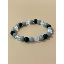 Bracelet Le Sculpteur de Glace en angélite, cristal de roche craquelé et œil de faucon – pierres naturelles 8 mm.