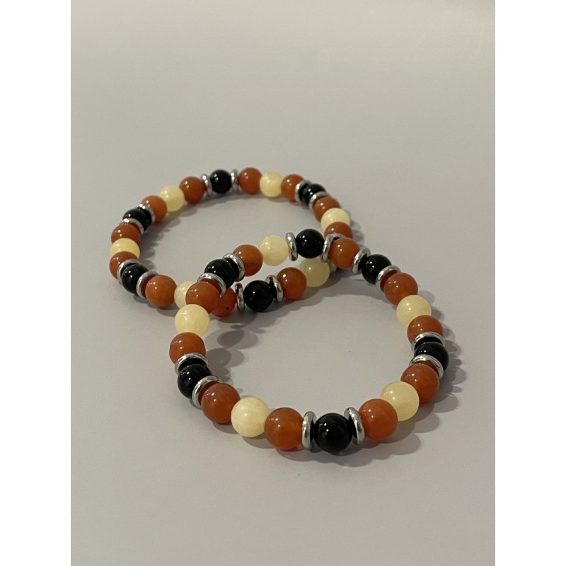 Bracelet Le Cycle de la volonté en aventurine orange, calcite jaune et onyx - existe en 19 cm et 21 cm de longueur.